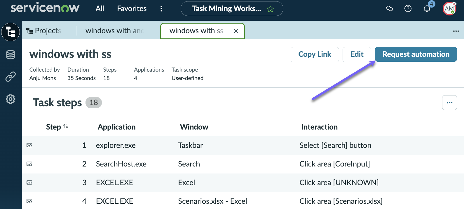 Screenshot showing the editable task steps view.