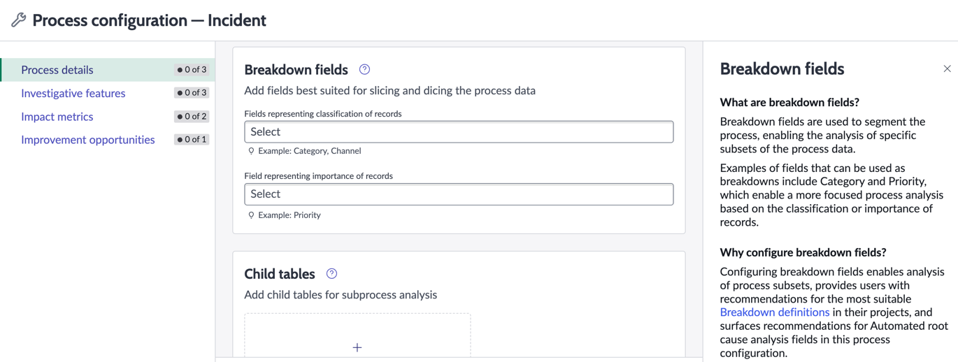 Breakdown fields in process configuration
