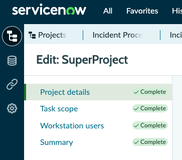 Screenshot showing the navigation menu in a project.