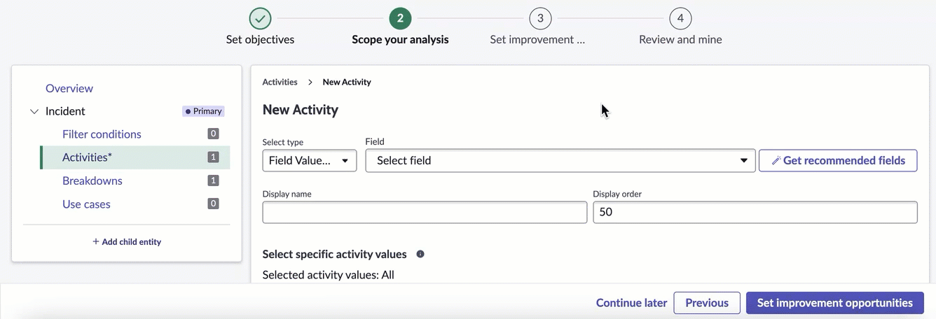 Recommendations in activity definition based on the setting in process configuration