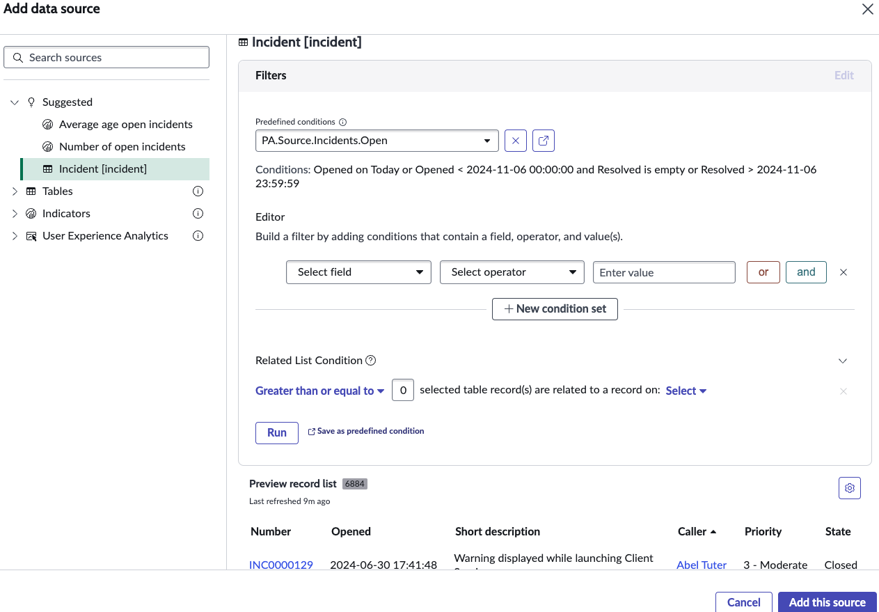 A completed Add data source form for a table data source, with a predefined filter selected.