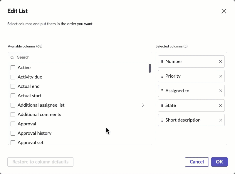 Editing the columns that appear in a list.