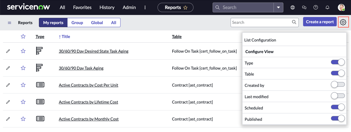 Report list configuration window