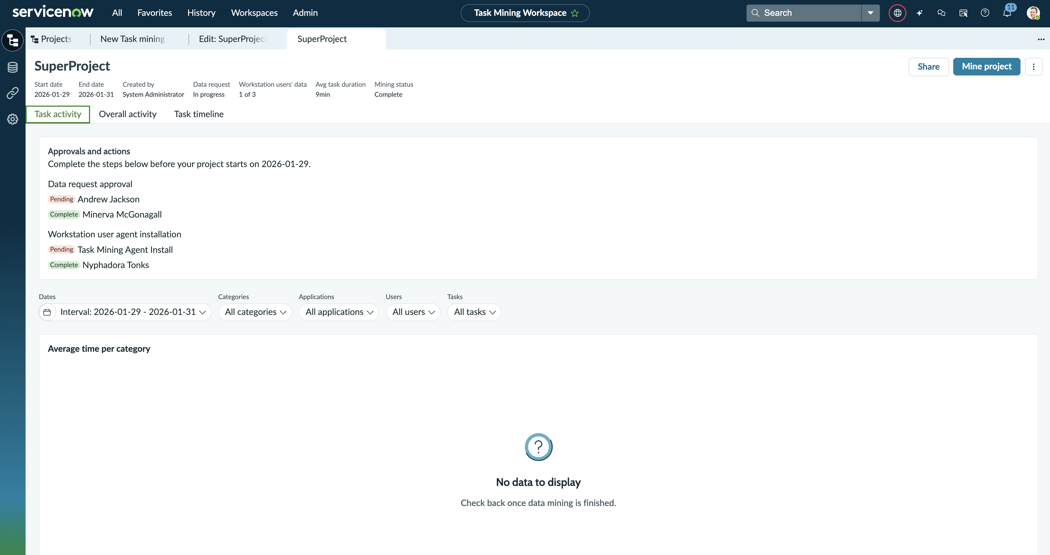 Screenshot showing a Task Mining project before mining.