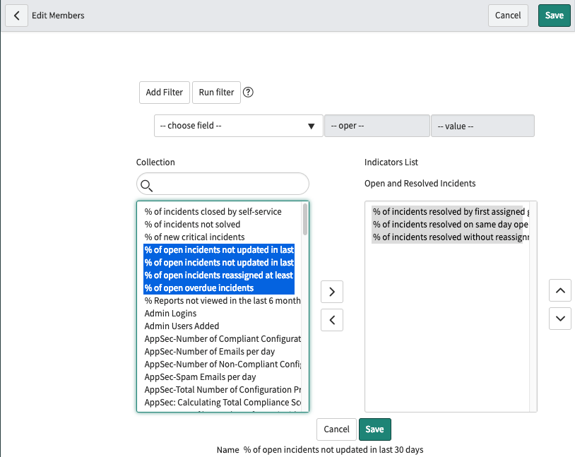 Indicator group Edit Members dialog showing indicators being added