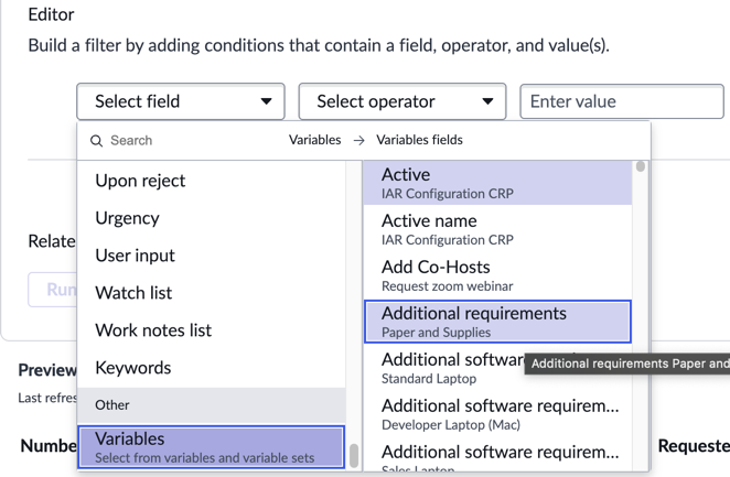 Selecting a variable for the custom filter.