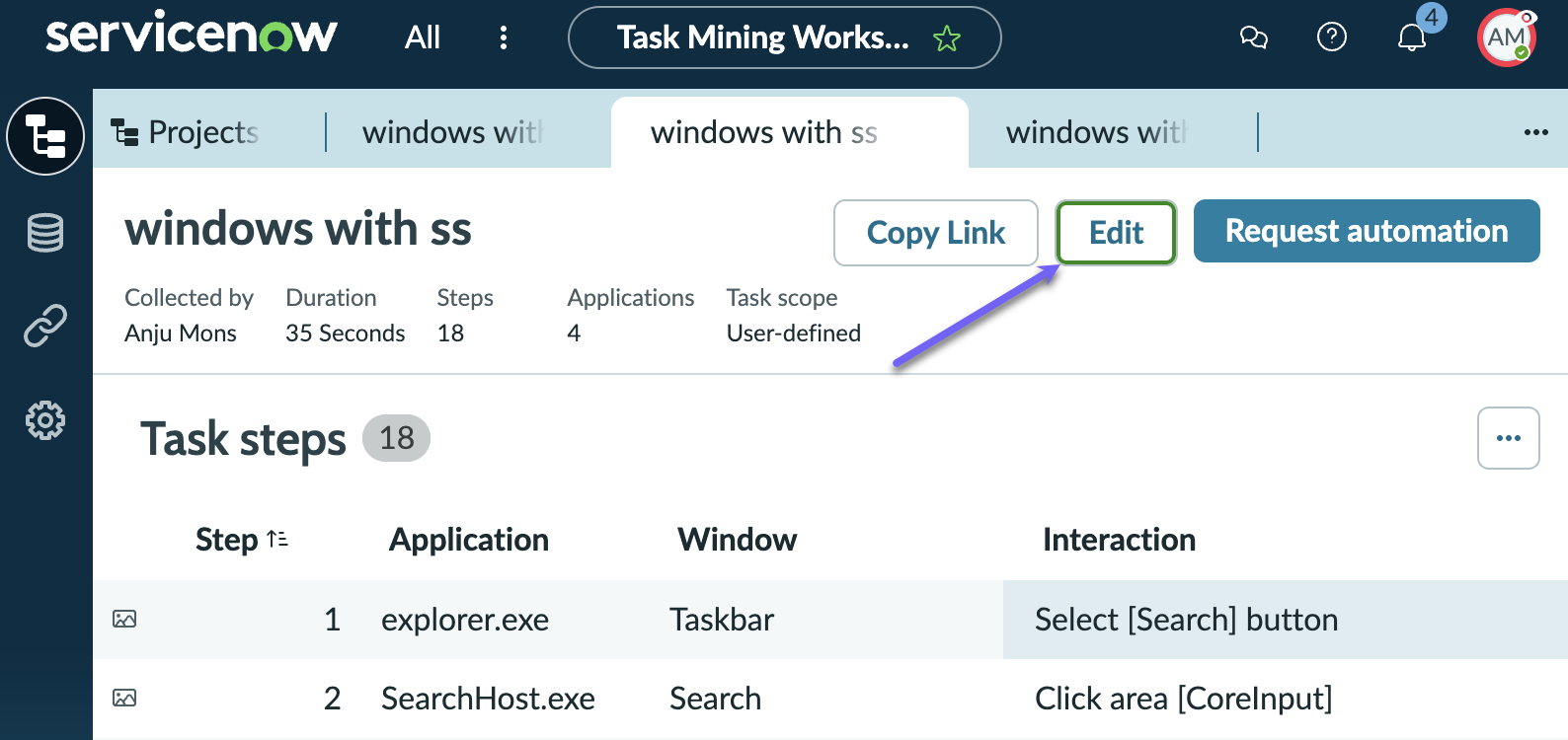 Screenshot showing the edit task steps dialog.