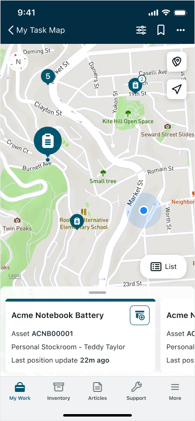 Map screen with points of interest.