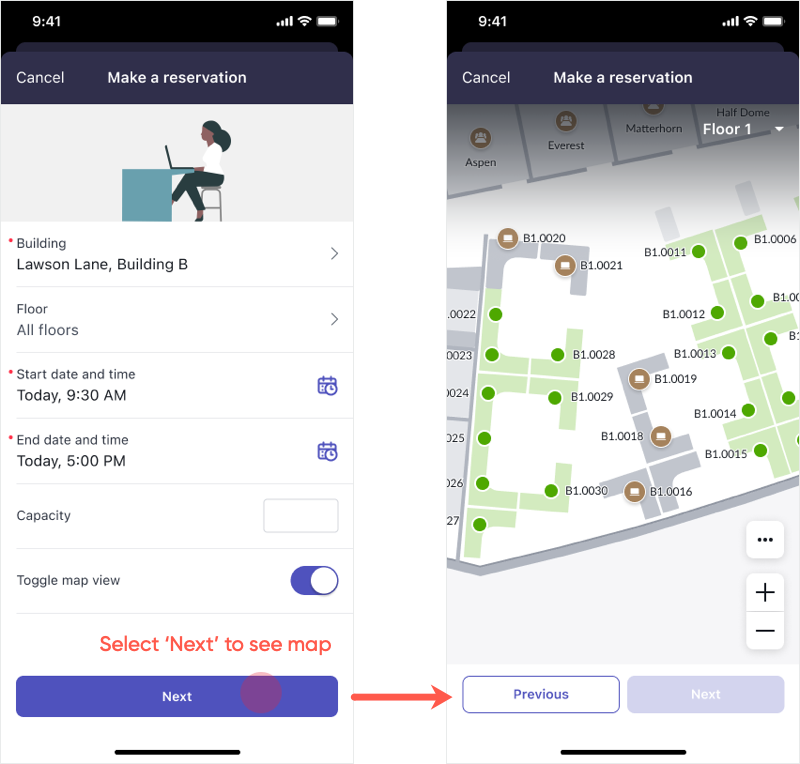 Shows how the custom map input is displayed in a mobile app where you select 'Next' to view the map.