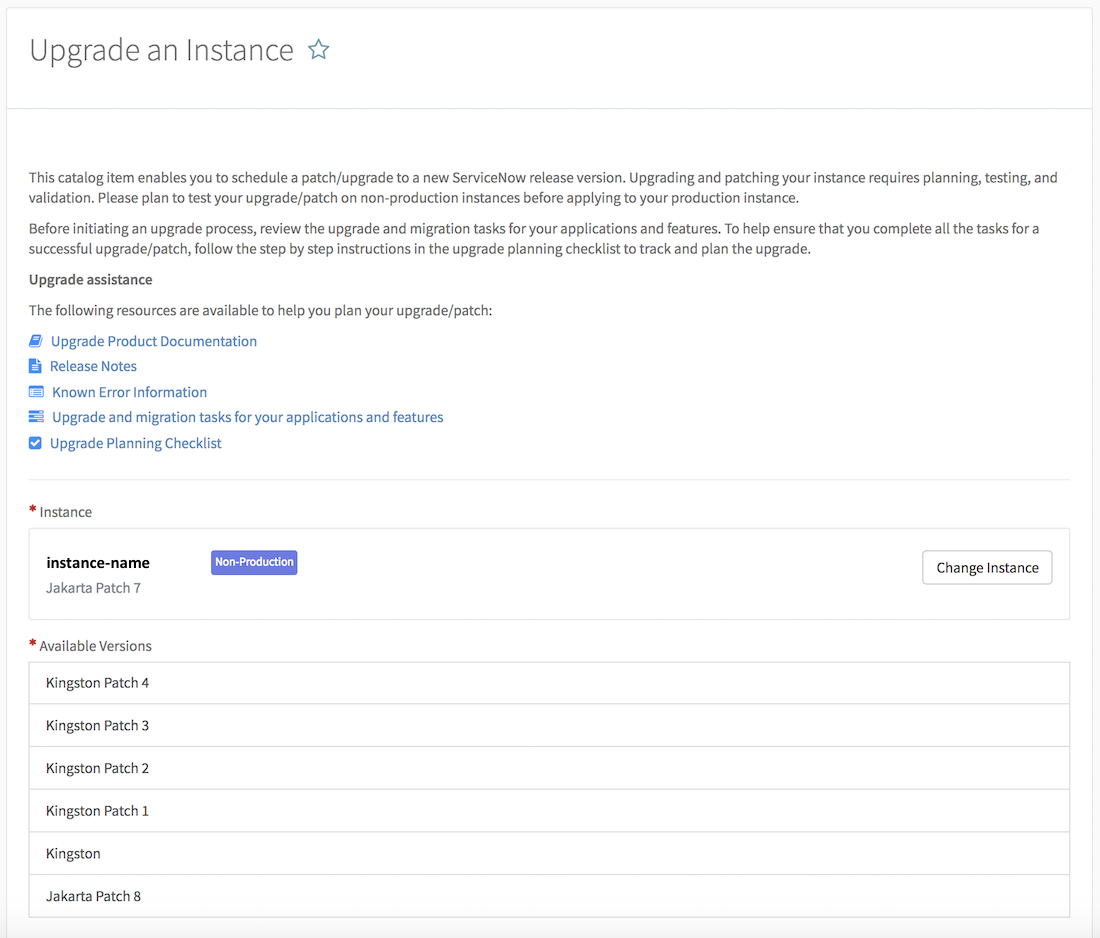 Upgrade an instance dialog
