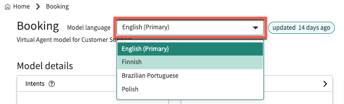 Modelldetailseite mit der Dropdown-Liste „Modellsprache“.