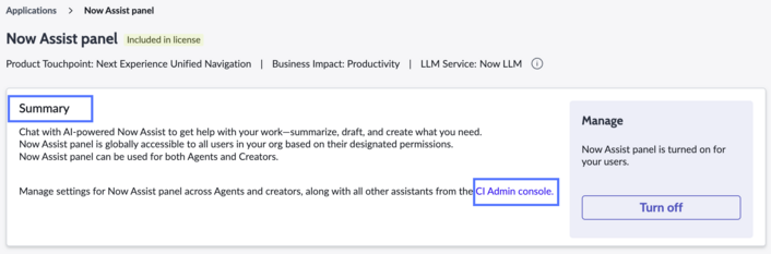 Now Assist Page de panneau avec résumé et lien vers la console d’administration CI mis en surbrillance.