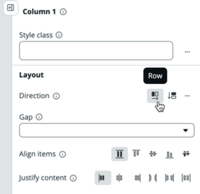 Panneau de configuration pour la mise en page à colonne unique, avec un curseur passant le curseur sur la propriété Direction > ligne.