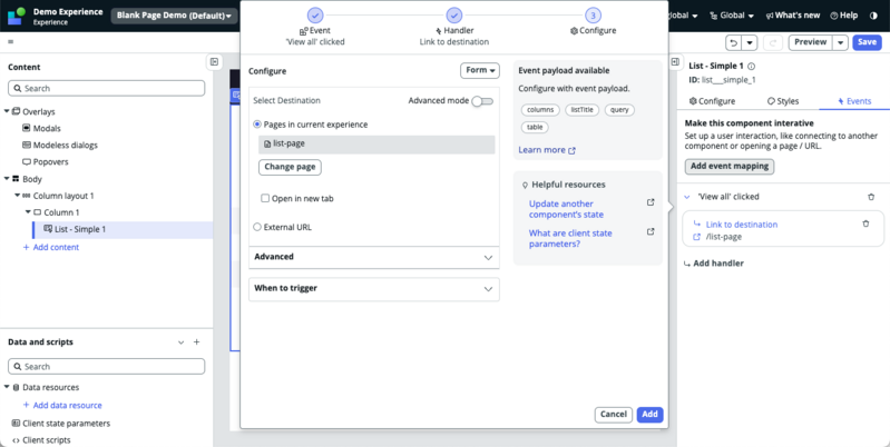 Gestionnaire d’événements configuré pour ouvrir la page de liste.