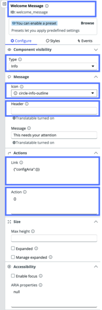 Panneau de configuration de l’alerte, avec des points forts sur l’étiquette du composant, le type, l’icône, l’en-tête, le lien et les champs Action.
