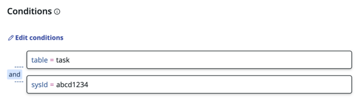 Conditions de la variante de page avec « table = task » ET « sysId = abcd1234 ».
