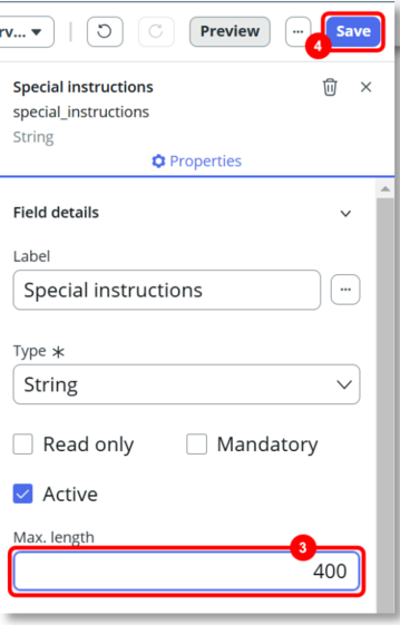 Renseignez les propriétés du champ Instructions spéciales.