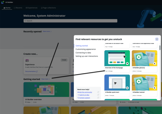 Page d’accueil du générateur d’IU avec le lien Afficher plus sélectionné et la fenêtre contextuelle agrandie pour afficher les options, y compris les visites guidées.