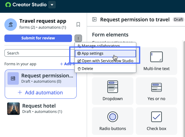 Sélectionnez plus d’options et les paramètres de l’application