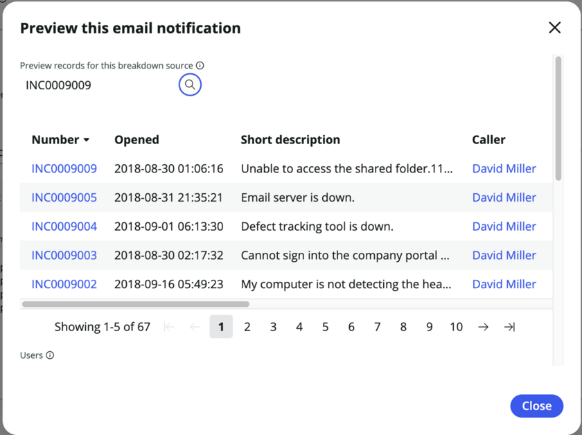 Rechercher pour prévisualiser la notification par e-mail pour un enregistrement spécifique