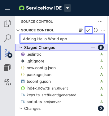 Vue Contrôle de source avec les fichiers d’application dans la liste des changements intermédiaires et un message de validation.