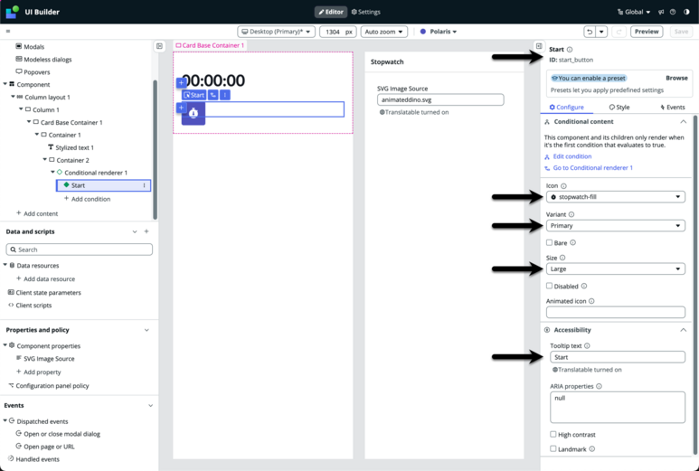 Interface utilisateur de création de composants personnalisés avec des flèches pointant vers l’étiquette du composant et les champs de texte Icône, Variante, Taille et Info-bulle dans le panneau de configuration.
