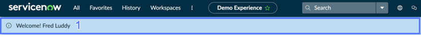 Alerte apparaissant sous le menu d’en-tête, saluant l’utilisateur connecté, avec un surlignage sur le composant.