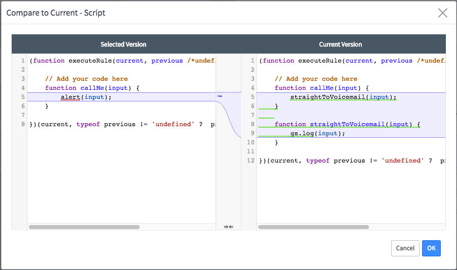 Outil Fusion de différences : comparer au script actuel
