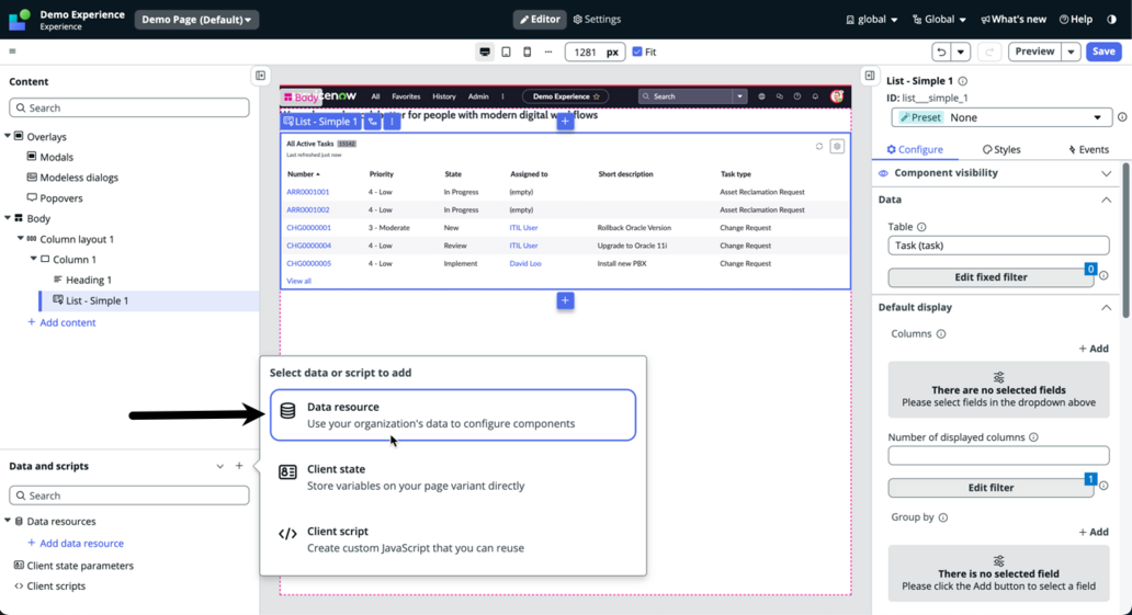 Ajouter une option de ressource de données.