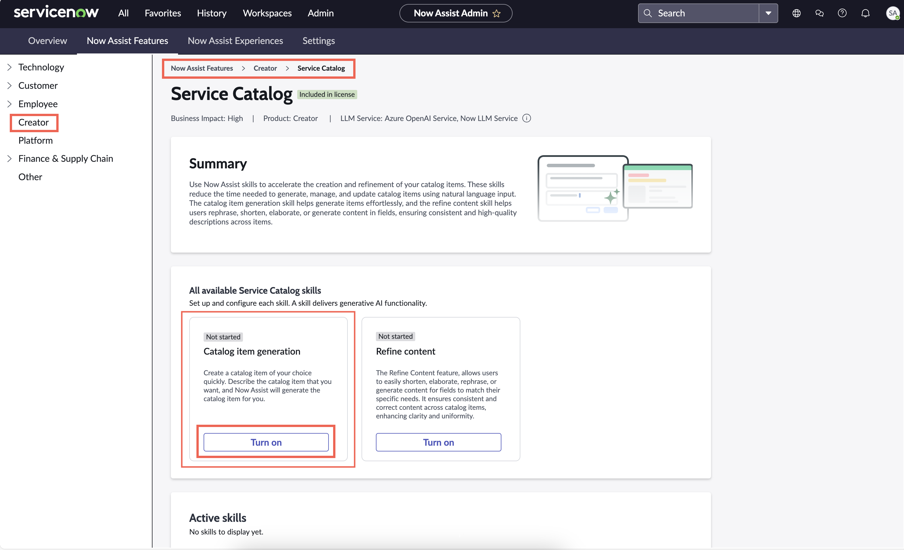 Activation de la compétence de génération d’éléments de catalogue sur la carte du Catalogue de services dans la Administrateur Now Assist console.