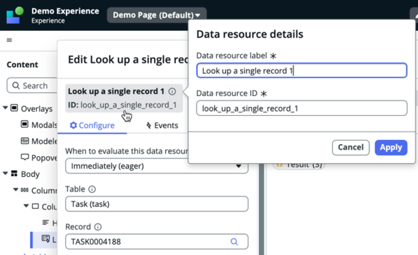 Champ permettant de personnaliser l’étiquette et l’ID d’une ressource de données.