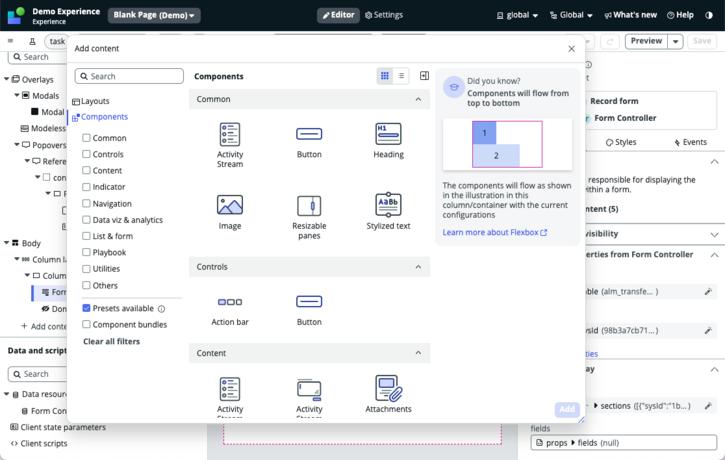 Ouvrir la boîte à outils affichant les composants avec des paramètres prédéfinis.