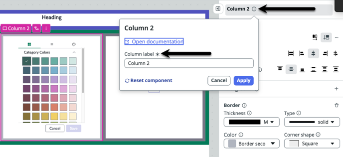 Flèche pointant vers le panneau de configuration, l’icône d’informations de nom de colonne et la fenêtre contextuelle développée affichant le champ d’étiquette de colonne.