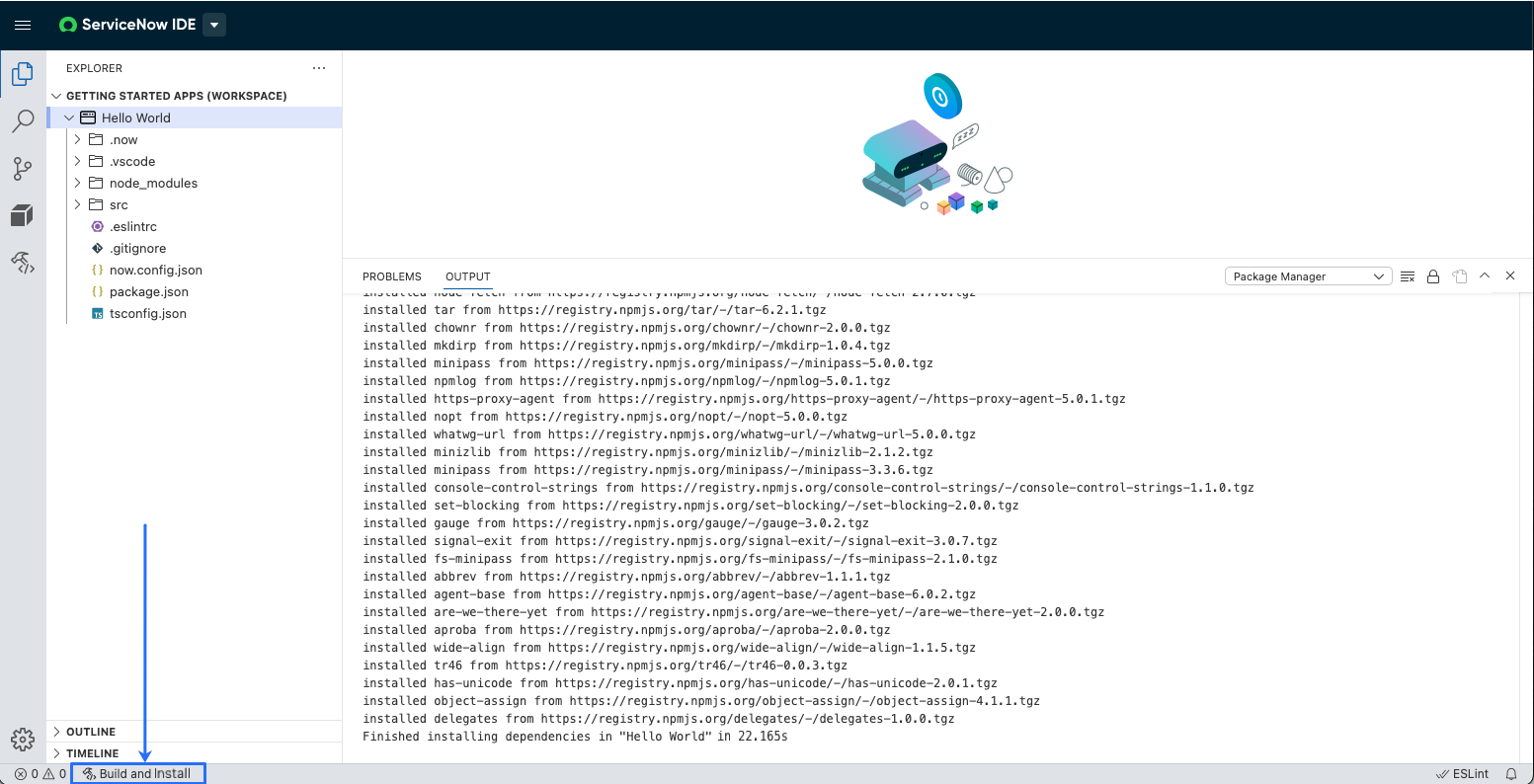Le boutonl’installation dans la barre d’état en bas de l’interface utilisateur de ServiceNow IDE.