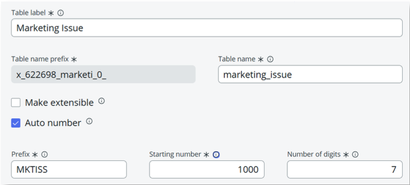 Configurez les options pour la table Problèmes marketing.