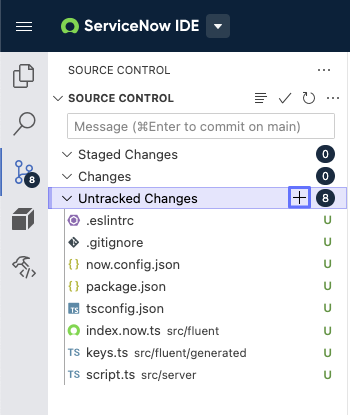 Vue Contrôle de source avec les fichiers d’application dans la liste Changements non suivis.