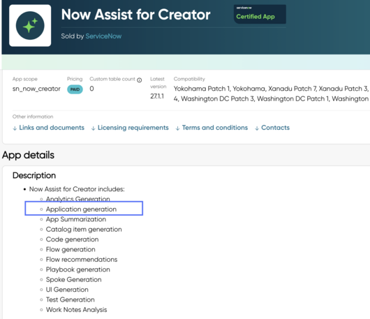 Now Assist pour les créateurs Listing dans le avec la compétence de génération d’application ServiceNow Store mise en surbrillance.