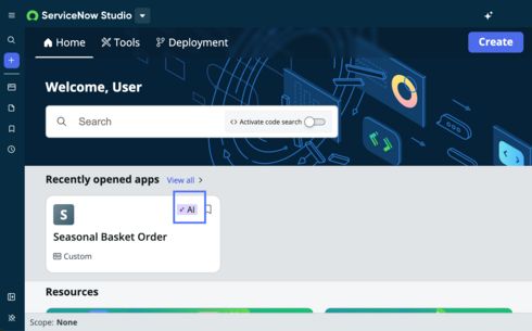 Page d’accueil de ServiceNow Studio avec une application récemment créée avec Now Assist pour la génération d’application en surbrillance.