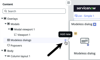 Option de boîtes de dialogue non modales affichée dans l’arborescence de contenu avec l’icône + sélectionnée et la fenêtre contenant le composant de boîte de dialogue non modale ouverte.