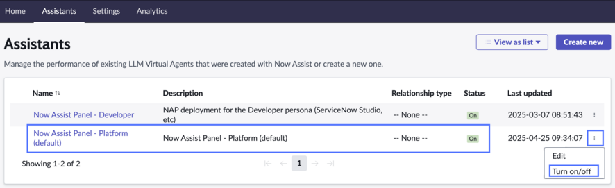Now Assist Page Assistants avec Now Assist l’option Panneau - Plateforme (par défaut) et l’icône d’action mis en surbrillance.