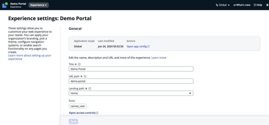 Paramètres généraux de l’expérience UI Builder où vous avez des champs pour le titre, le chemin d’accès URL et le chemin d’accès de destination.