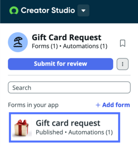 Sélectionnez le formulaire de demande de carte-cadeau dans le panneau de navigation
