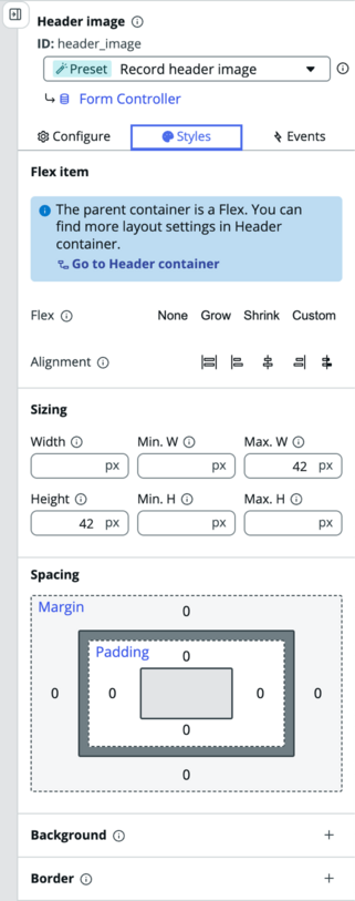 Onglet Styles avec des options telles que l’alignement, le dimensionnement, l’espacement, l’arrière-plan et la bordure.