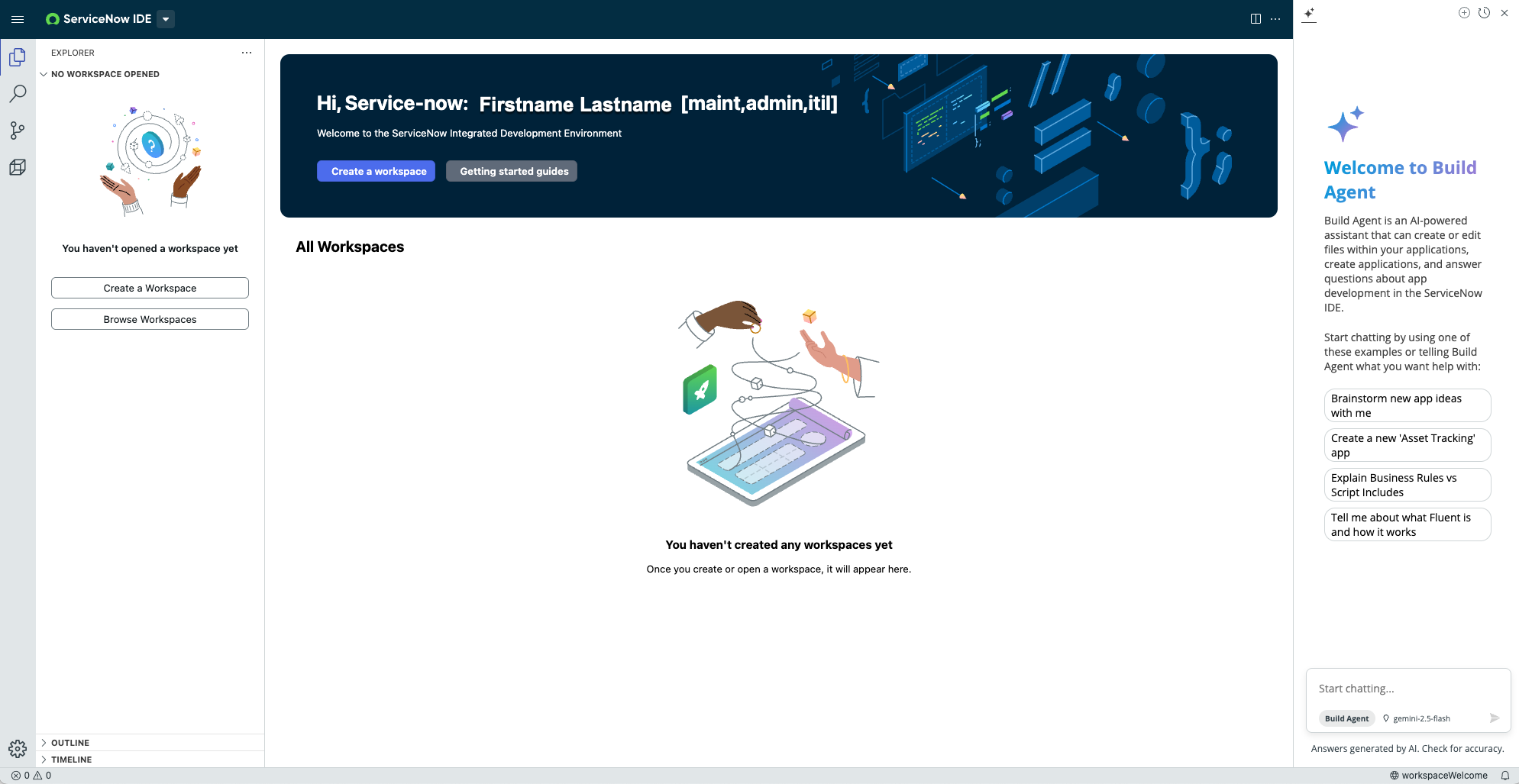 Le panneau Générer un agent est ouvert par défaut sur ServiceNow IDE
