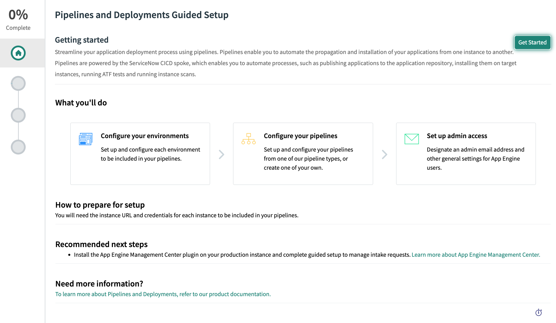 Pipelines et déploiements Page de destination Configuration guidée