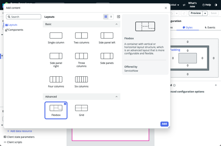 Flèche pointant vers l’option Flexbox dans l’onglet Mises en page de la boîte à outils.