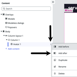 Dans l’arborescence de contenu, une flèche pointant vers l’icône de menu ouvert pour le composant avatar et une deuxième flèche pointant vers l’option ajouter après dans le menu flottant.