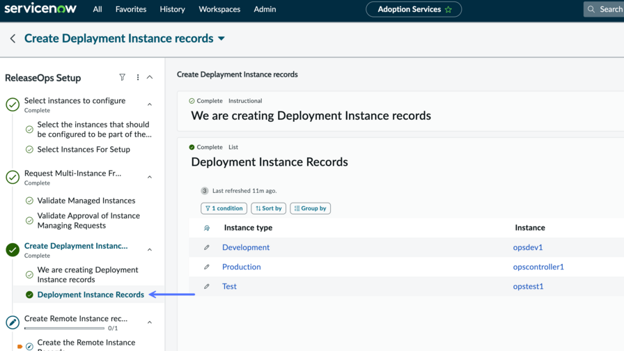 Sélectionnez Enregistrements d’instance de déploiement dans le panneau latéral pour afficher les enregistrements d’instance de déploiements qui ont été créés.