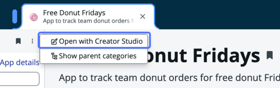 Option permettant d’ouvrir l’application actuelle dans Studio de création à partir du panneau Navigateur.