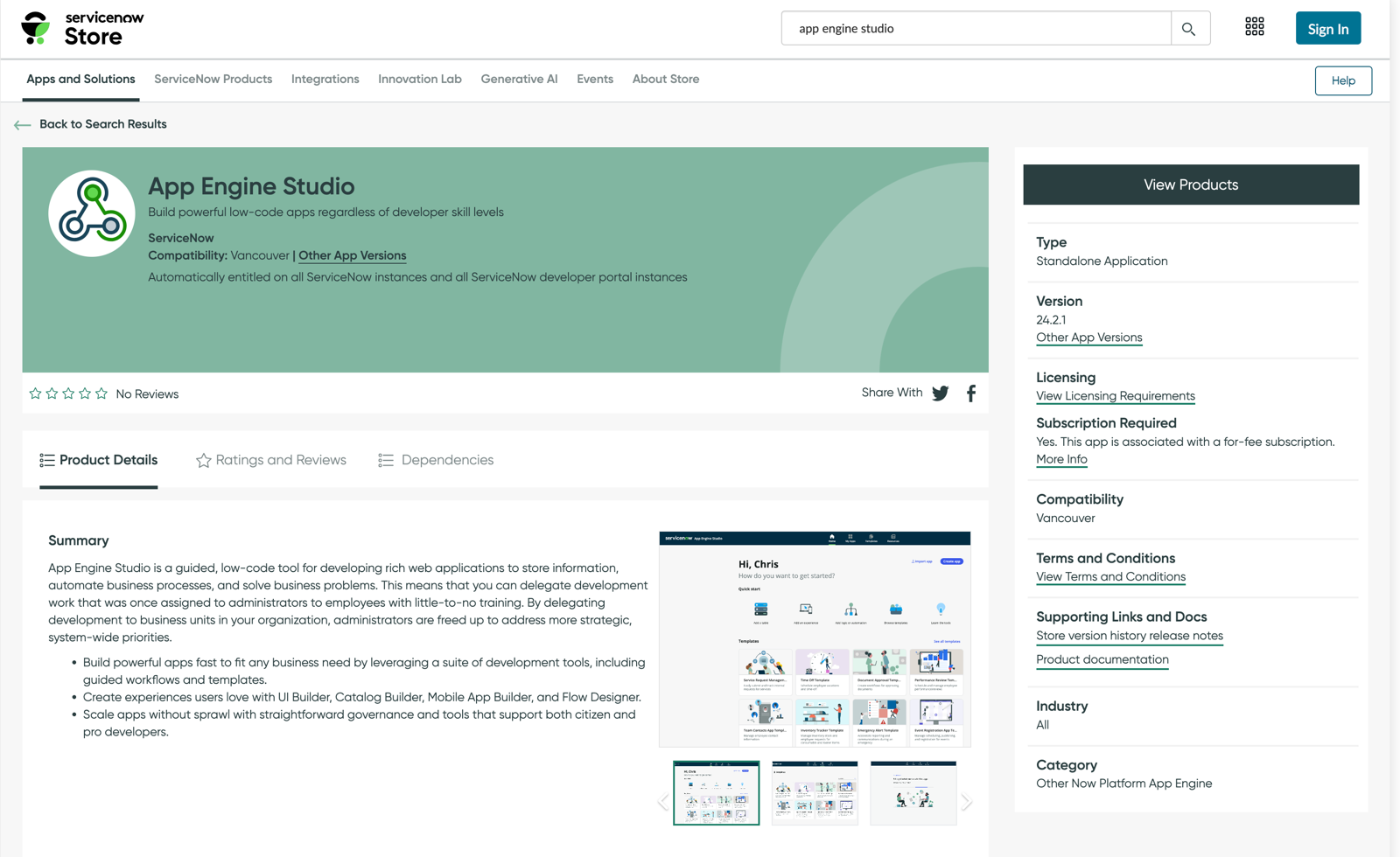 ServiceNow Store affiche la liste et AES les produits connexes